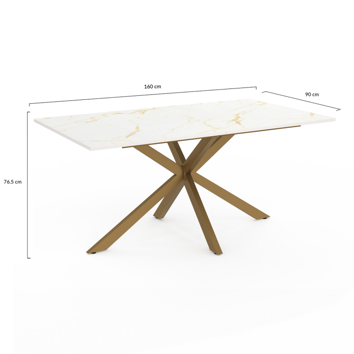 Mesa de comedor para 8 personas con patas de araña de latón y tapa efecto mármol blanco 160cm - ALASKA | ID Market