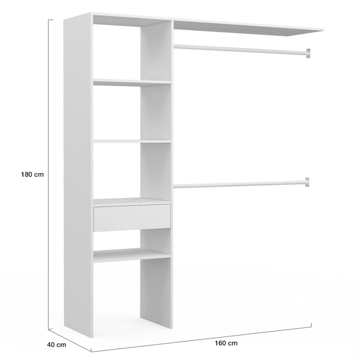 Kit dressing MELINE 160 x 40 x 180 cm blanc avec étagères + tiroir + double penderie