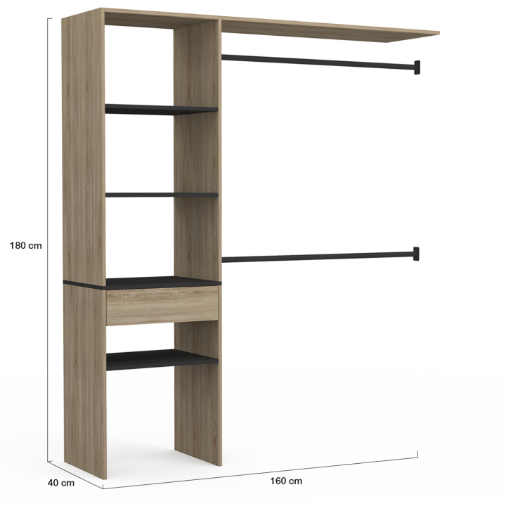 Kit dressing MELINE 160 x 40 x 180 cm hêtre avec étagères noires + tiroir + double penderie