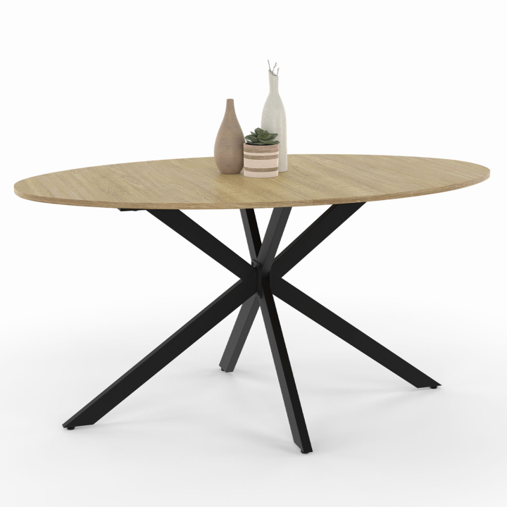 Table à manger ovale ALIX 6 personnes pied araignée bois et noir 150 cm