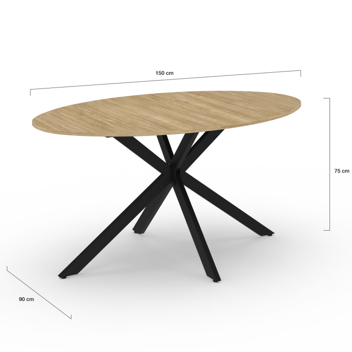 Table à manger ovale ALIX 6 personnes pied araignée bois et noir 150 cm