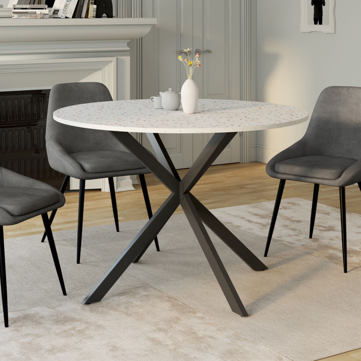 Table à manger ronde ALIX 4-6 personnes pied araignée noir plateau terrazzo  SIMONE  110 cm