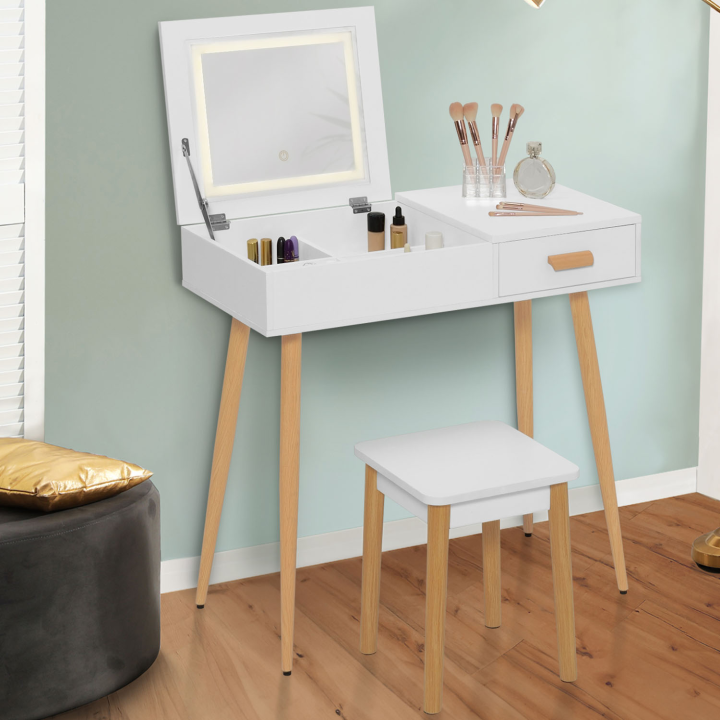 Coiffeuse scandinave LISA blanche miroir rabattable LED et tabouret 