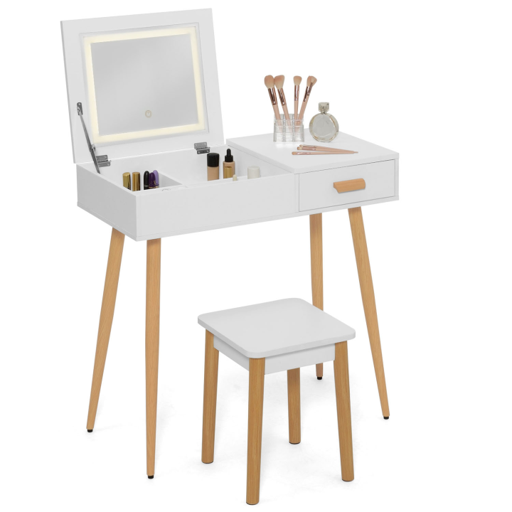 Coiffeuse scandinave LISA blanche miroir rabattable LED et tabouret 