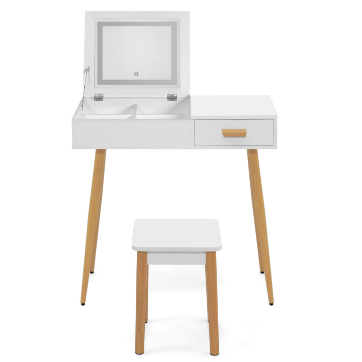 Coiffeuse scandinave LISA blanche miroir rabattable LED et tabouret 