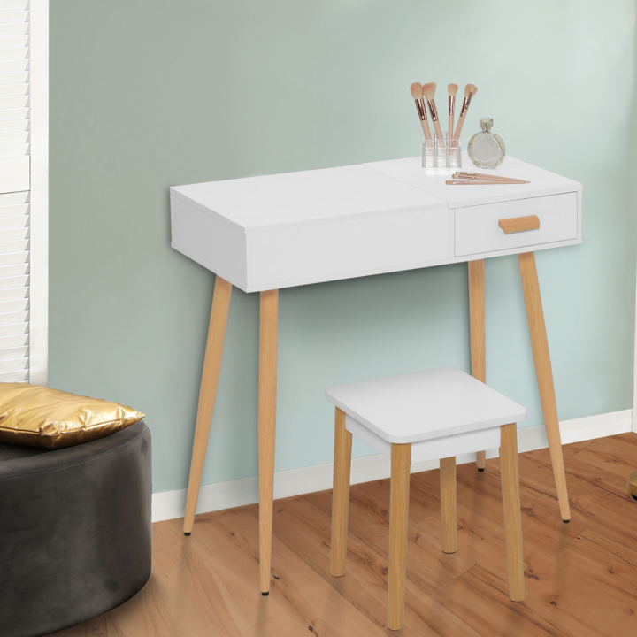 Coiffeuse scandinave LISA blanche miroir rabattable LED et tabouret 