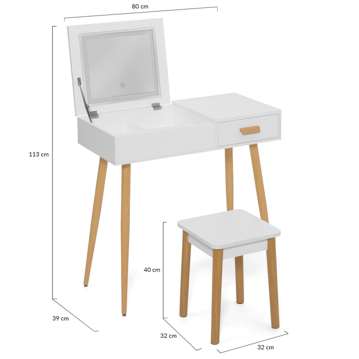 Coiffeuse scandinave LISA blanche miroir rabattable LED et tabouret 