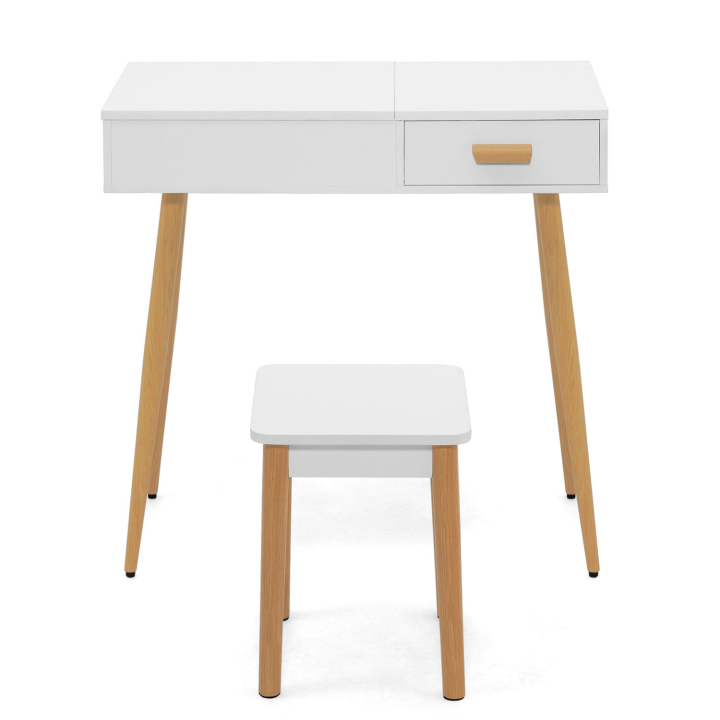 Coiffeuse scandinave LISA blanche miroir rabattable LED et tabouret 