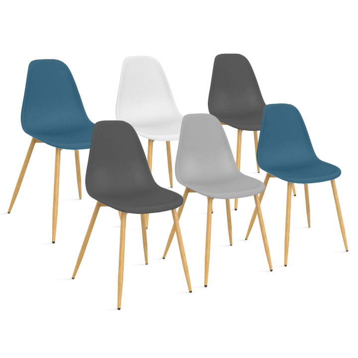 Set van 6 DANI Scandinavische stoelen mix kleur wit, lichtgrijs, blauw x2, donkergrijs x2