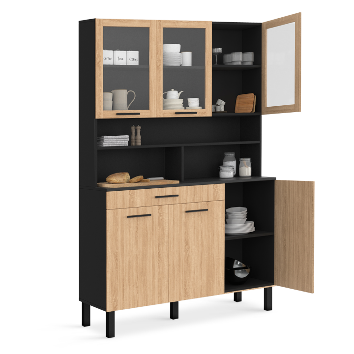 Buffet de cuisine vitré 120 CM CINA 6 portes + tiroir noir et façon hêtre