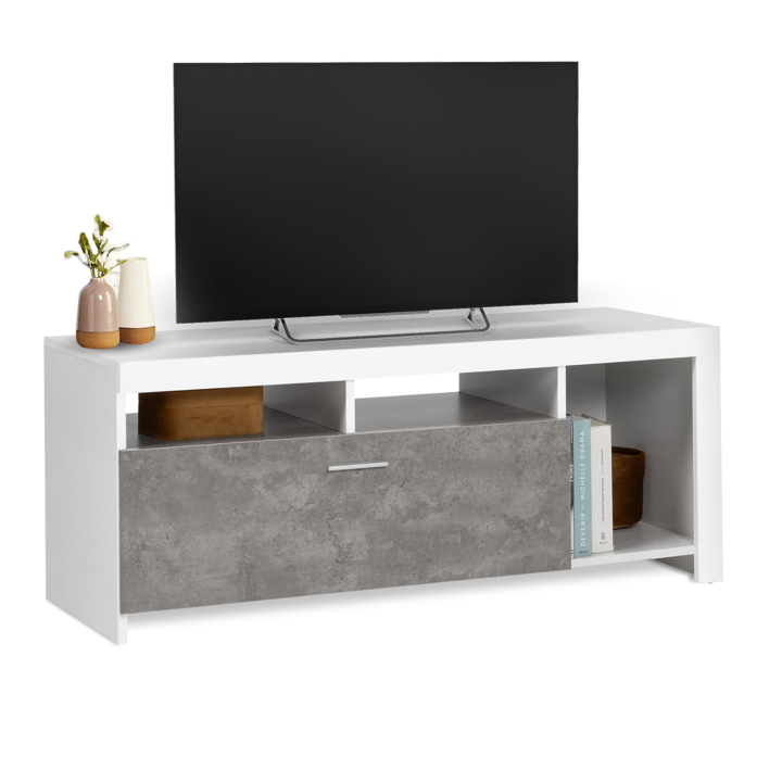 Meuble TV 110 cm MALO blanc et placard effet béton