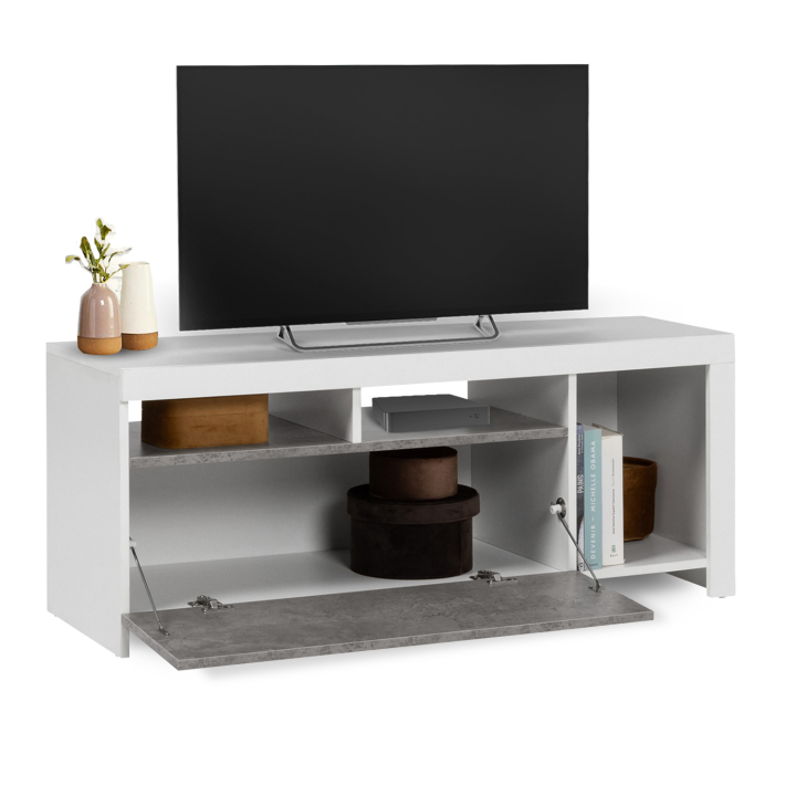 Meuble TV 110 cm MALO blanc et placard effet béton