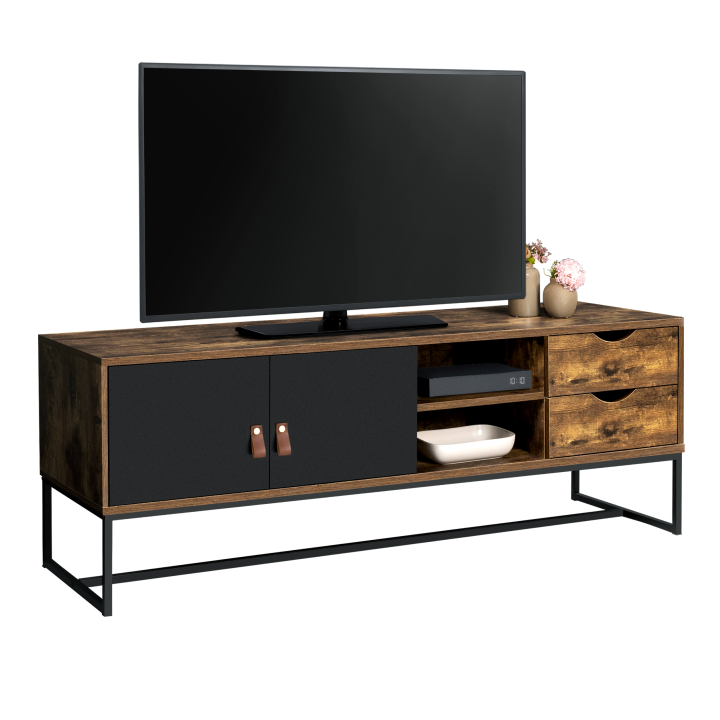 Meuble TV 140 cm CHICAGO 2 portes et tiroirs design industriel