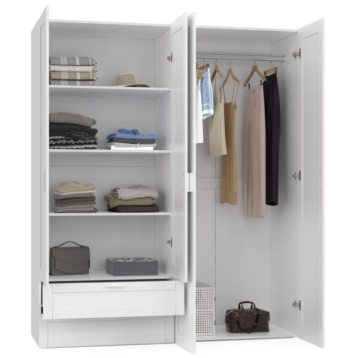 Armoire 4 portes VITO blanc penderie 160 cm avec 2 tiroirs et étagères