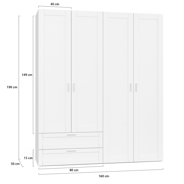 Armario de 4 puertas VITO blanco 160 cm con 2 cajones y estantes