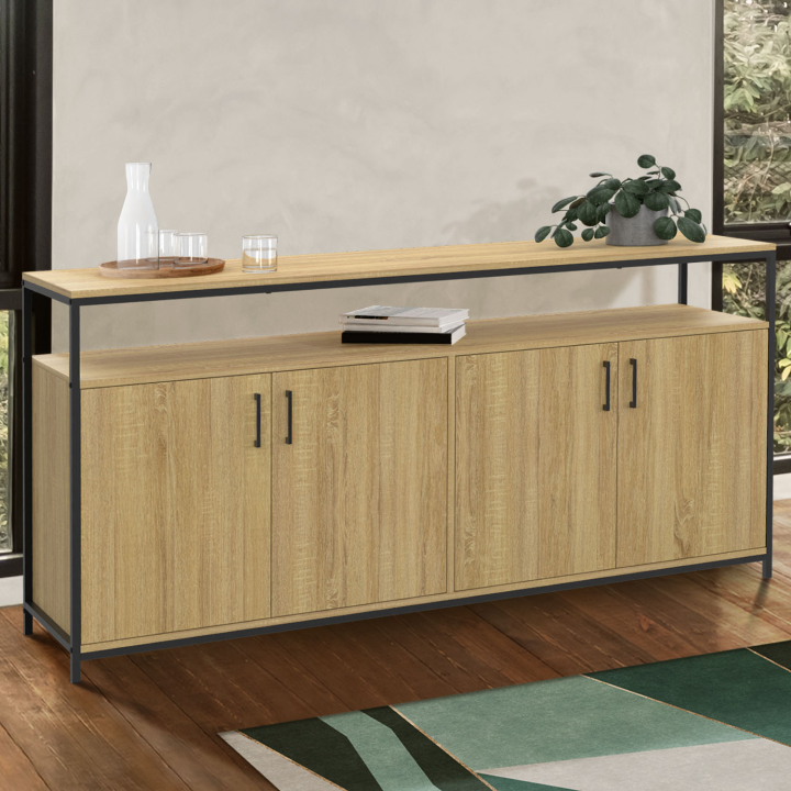 160 cm DETROIT 4-deurs dressoir in hout en zwart, industrieel ontwerp