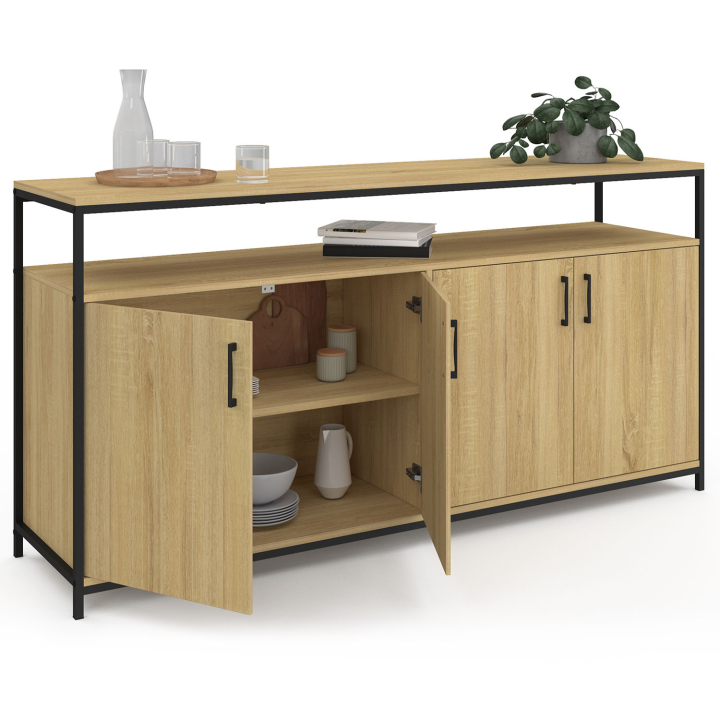 160 cm DETROIT 4-deurs dressoir in hout en zwart, industrieel ontwerp