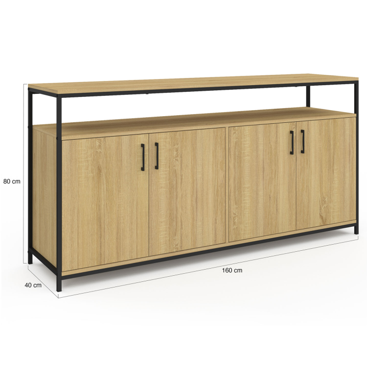 160 cm DETROIT 4-deurs dressoir in hout en zwart, industrieel ontwerp