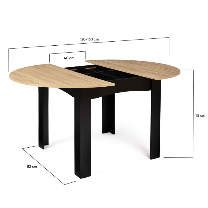 Table à manger extensible ronde DONA 4-6 personnes noire plateau façon hêtre 120-160 cm