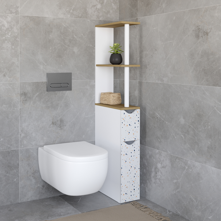 Meuble WC étagère WILLY 2 portes motif terrazzo et hêtre