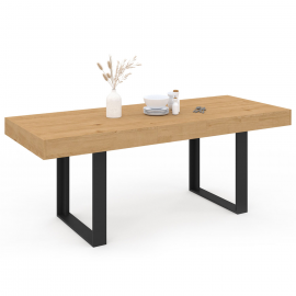 Table à manger extensible rectangle OREGON avec rangement 6-10 personnes façon chêne et noir 160-200 cm