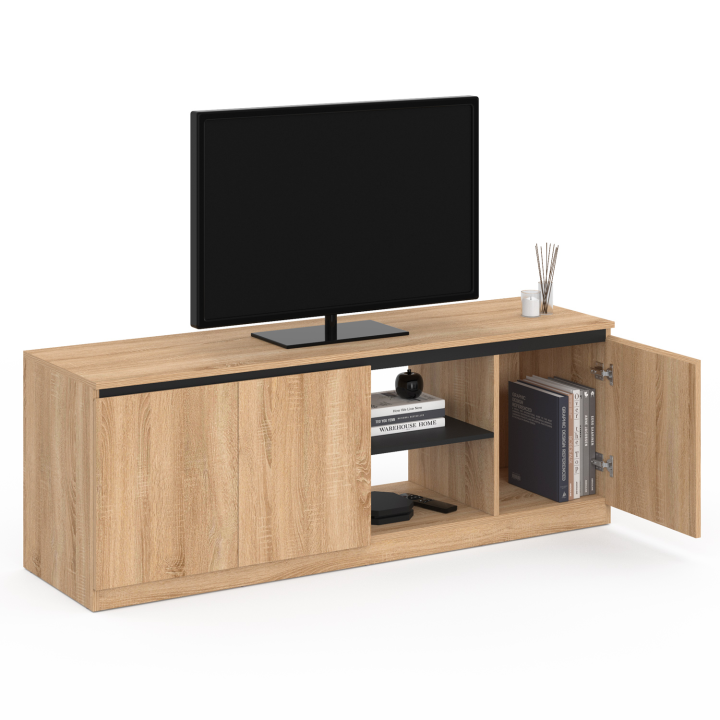 Mueble TV 140 cm madera haya y negro 3 puertas - TOMI | ID Market