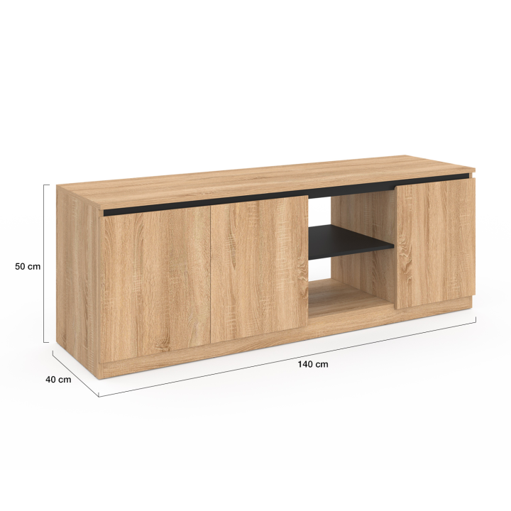 Meuble TV TOMI 3 portes bois façon hêtre et noir 140 cm