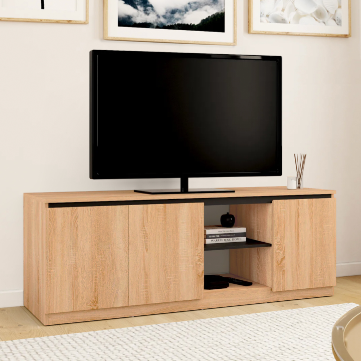 Mueble TV 140 cm madera haya y negro 3 puertas - TOMI | ID Market