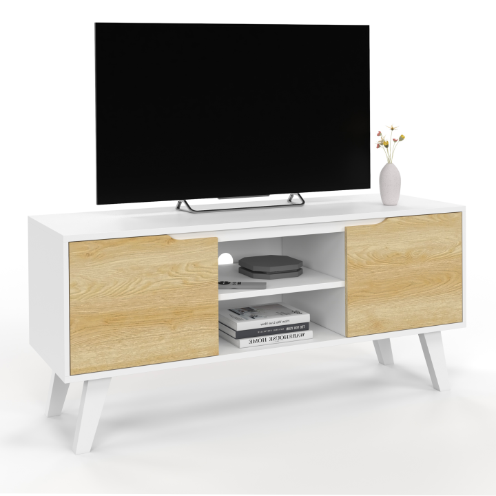 Meuble TV 110 cm FINN blanc 2 portes façon hêtre