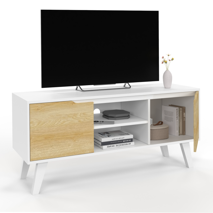 Meuble TV 110 cm FINN blanc 2 portes façon hêtre