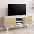 Meuble TV 110 cm FINN blanc 2 portes façon hêtre