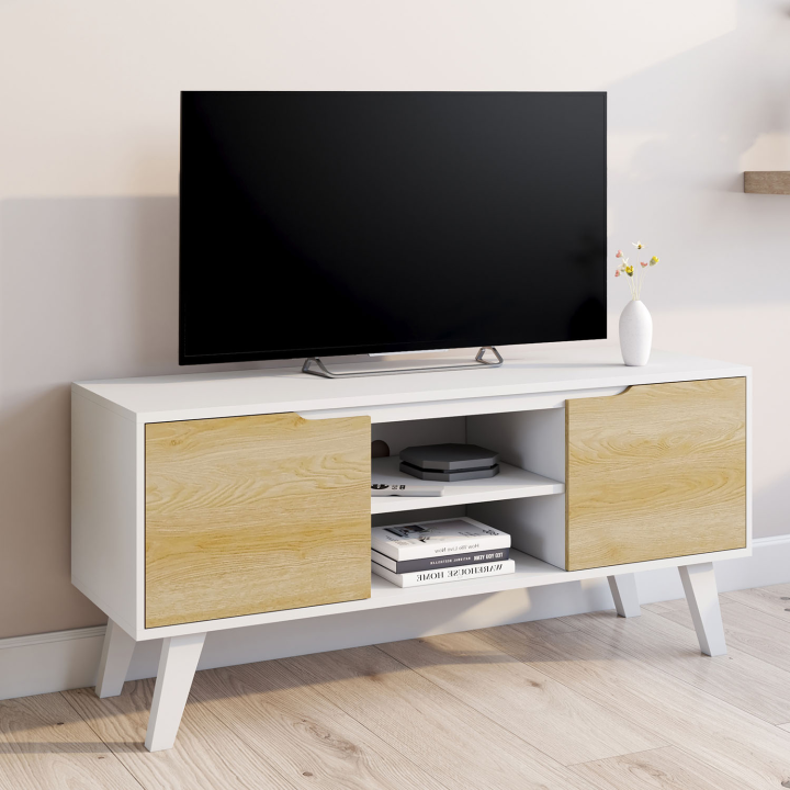 Mueble TV 110cm madera blanca 2 puertas estilo haya - FINN | ID Market