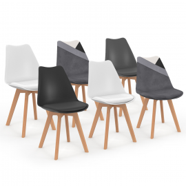 Lot de 6 chaises scandinaves SARA en velours gris foncé, blanc, noir et patchworks noir, gris et blanc