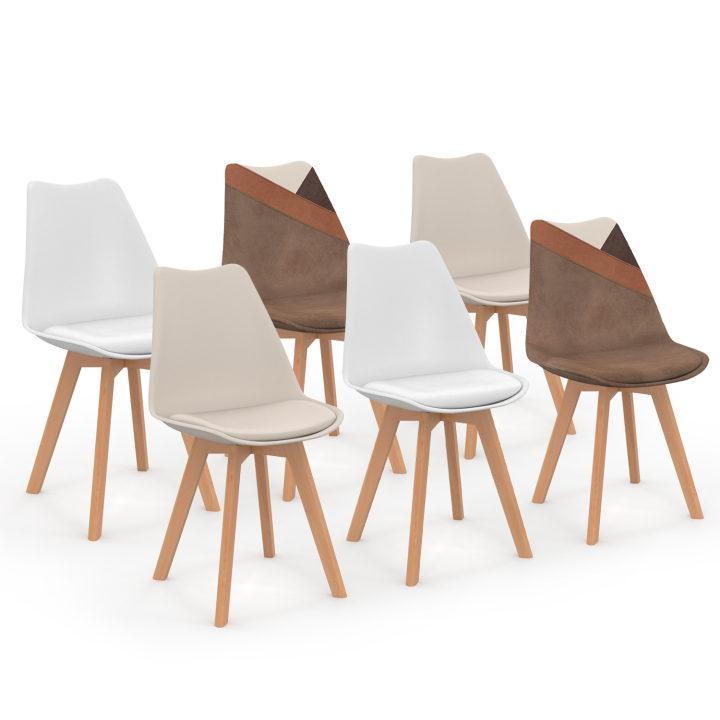 6 Scandinavische stoelen beige, wit en fluwelen patchworks mix kleur - SARA | ID Market