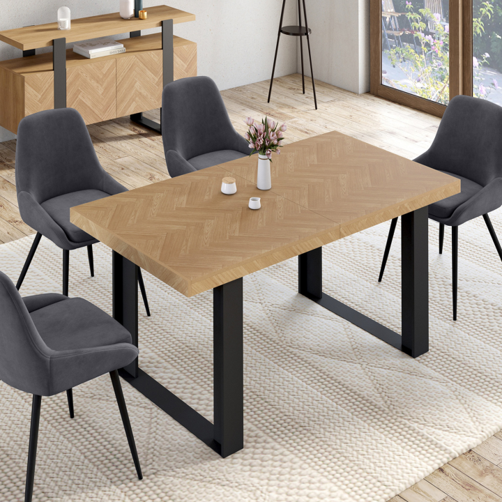 Mesa de comedor rectangular extensible efecto espiga y negro - CASSIUS | ID Market