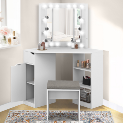 Coiffeuse d'angle ZELIA blanche 3 miroir avec LED, 3 étagères, 1 tiroir, 1 caisson de rangement et tabouret