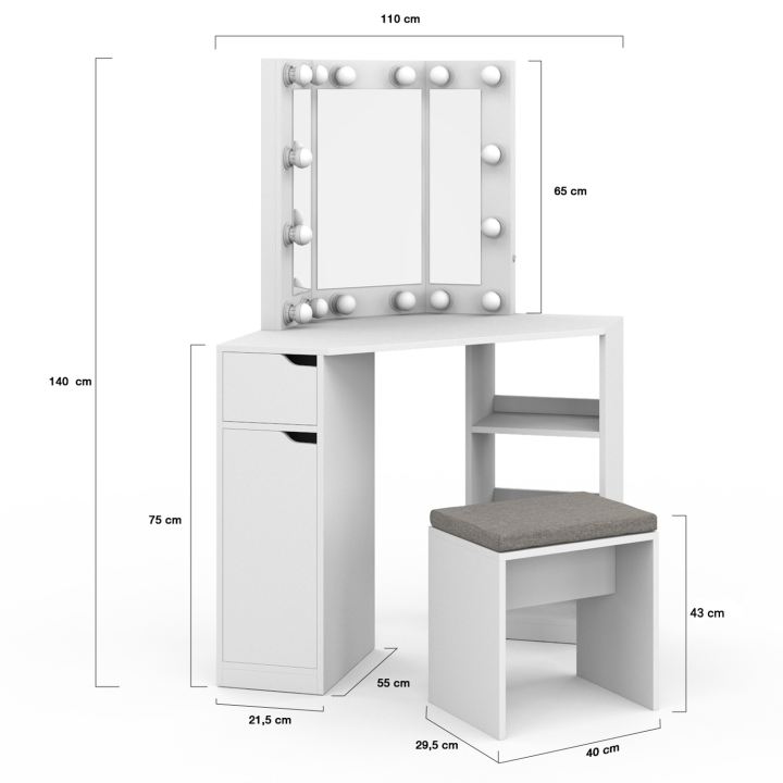 Coiffeuse d'angle ZELIA blanche 3 miroir avec LED, 3 étagères, 1 tiroir, 1 caisson de rangement et tabouret