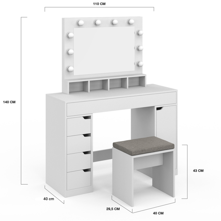 Coiffeuse ZELIA blanche miroir LED avec 4 niches, 5 tiroirs, 1 caisson de rangement et tabouret rembourré