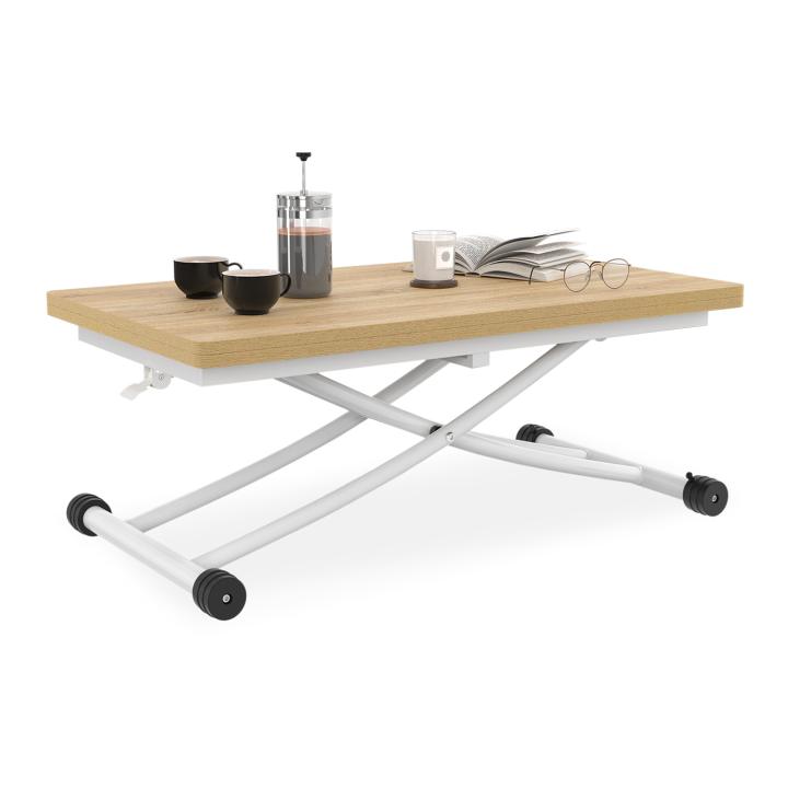 Table basse relevable en table à manger URBANA plateau façon hêtre pied blanc