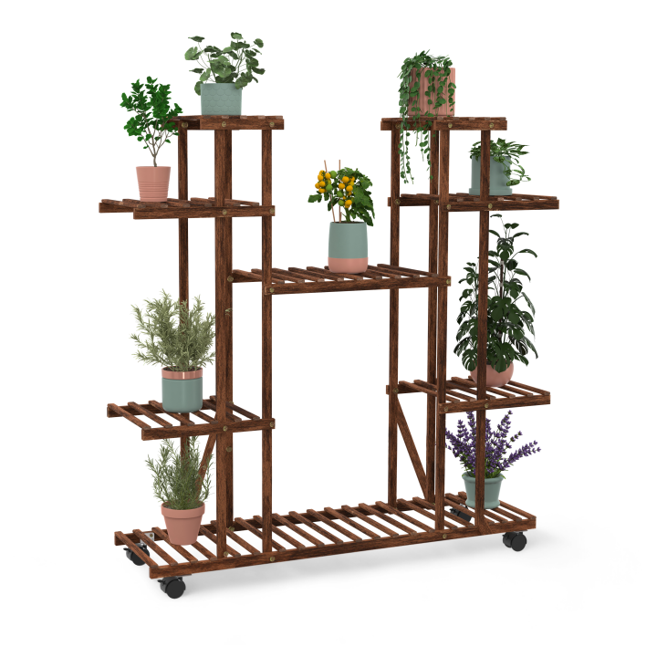 Etagère à pots de fleurs porte plante en bois 8 niveaux à roulettes