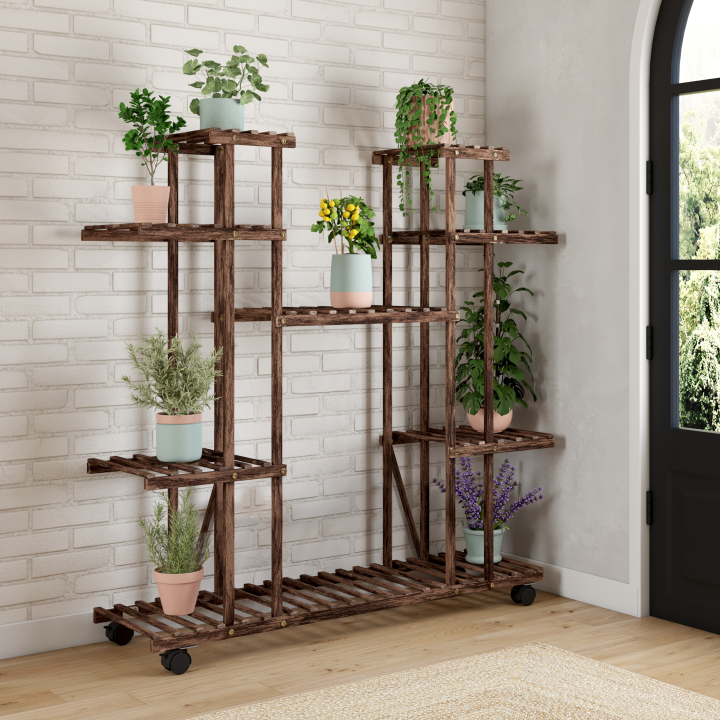 Etagère à pots de fleurs porte plante en bois 8 niveaux à roulettes