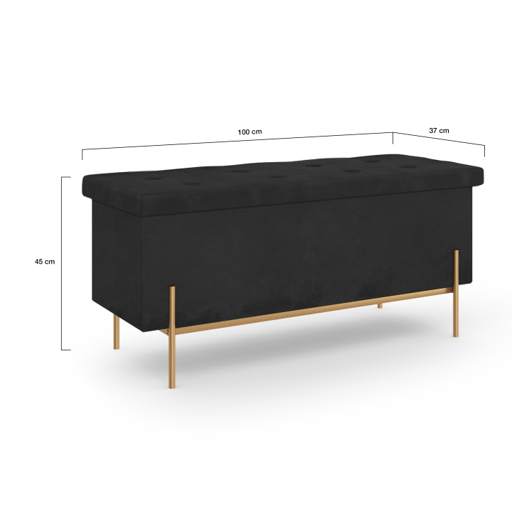 Banc coffre rangement LOUIS avec pieds métal doré 100 cm velours noir