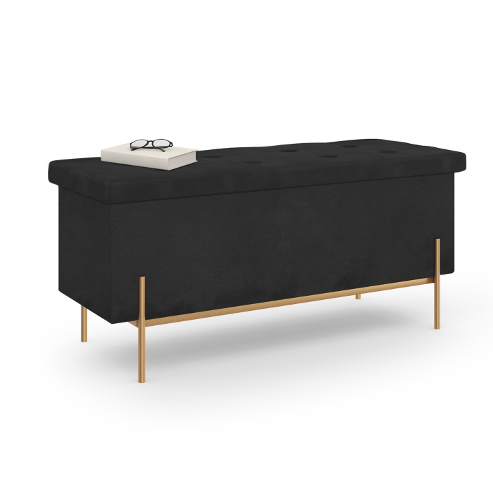 Banc coffre rangement LOUIS avec pieds métal doré 100 cm velours noir