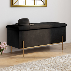 Banc coffre rangement LOUIS avec pieds métal doré 100 cm velours noir