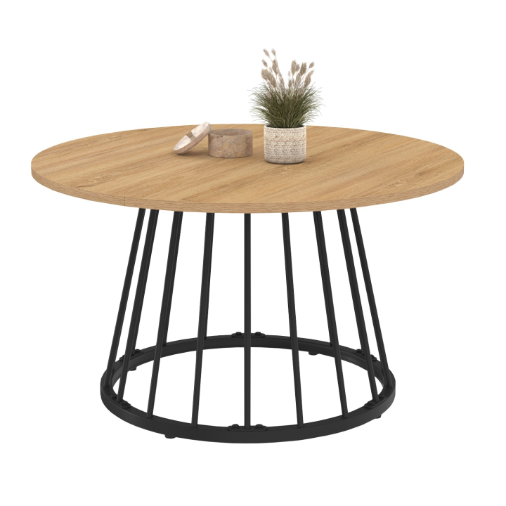 Mesa de centro redonda YUNA de 70 cm con tapa de madera y pata de alambre de metal negro