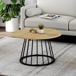 Mesa de centro redonda YUNA de 70 cm con tapa de madera y pata de alambre de metal negro