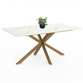 Table à manger rectangle ALIX 8 personnes pied araignée laiton et plateau effet marbre blanc ALASKA 160 cm