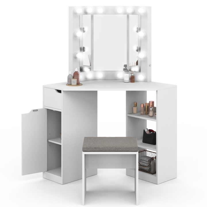 Coiffeuse d'angle ZELIA blanche 3 miroir avec LED, 3 étagères, 1 tiroir, 1 caisson de rangement et tabouret