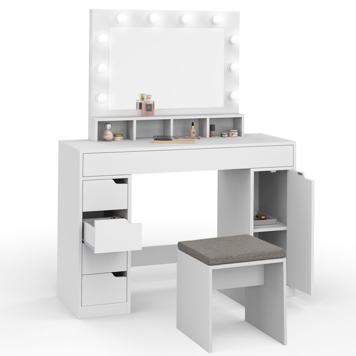 Coiffeuse ZELIA blanche miroir LED avec 4 niches, 5 tiroirs, 1 caisson de rangement et tabouret rembourré