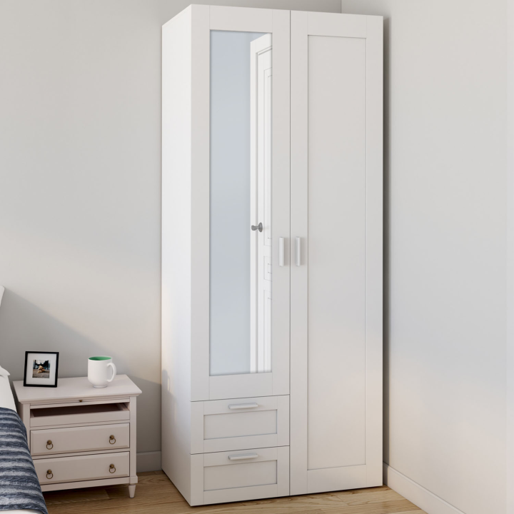 Armoire 2 portes VITO blanc penderie 80 cm avec 2 tiroirs, miroir et étagères